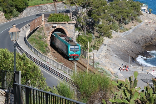 Immagine con treno, strada, mare, lampione, galleria, ferrovia, binari, alberi