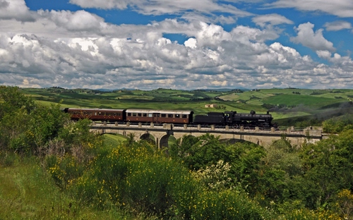 Immagine con treno, nuvole, ponte, locomotiva, verde, panorama, cielo