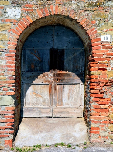 Immagine con arco, legno, mattoni, portone, numero, sedici, porta, ombra, vecchio, erba, civico