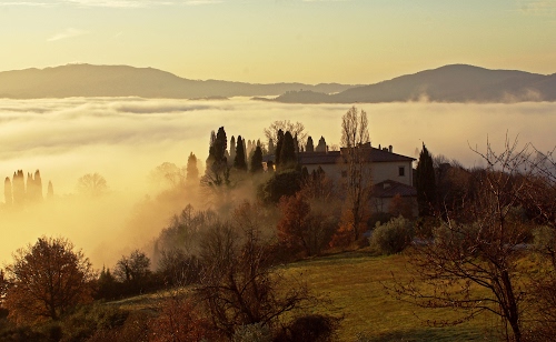 Immagine con alberi, nebbia, casa, montagne, colline, paesaggio, verde, tramonto, nuvole, cielo, campagna, panorama, cascina, erba, prato, autunno, foschia, cipressi