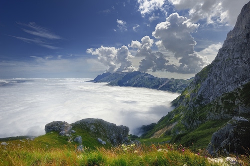 Immagine con nuvole, erba, cielo, rocce, prato, montagna, verde, bianco, montagne, fiori, azzurro, nebbia, massi, roccia, paesaggio