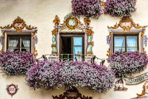 Immagine con fiori, finestre, balcone, decori, tende, ringhiera, bianco, vetri, numero, oro, viola, liberty, disegni, tre, numeri, murales, scritte