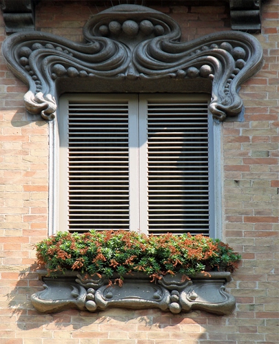 Immagine con finestra, persiane, mattoni, fiori, fregio, liberty, piante, davanzale, architettura, pianta