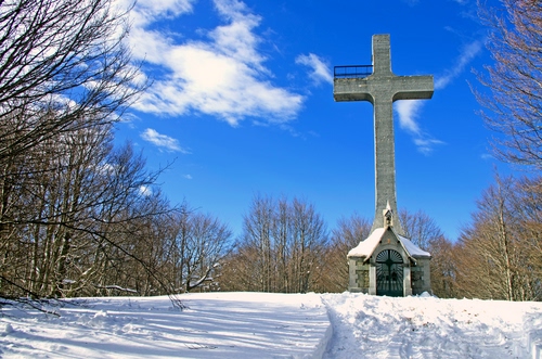 Immagine con croce, neve, alberi, inverno, cielo, nuvole, chiesetta, chiesa, bosco