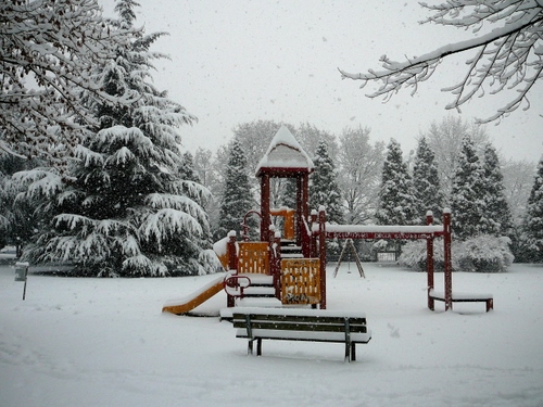 Immagine con neve, panchina, alberi, giochi, inverno, bianco, parco, scivolo, giardino