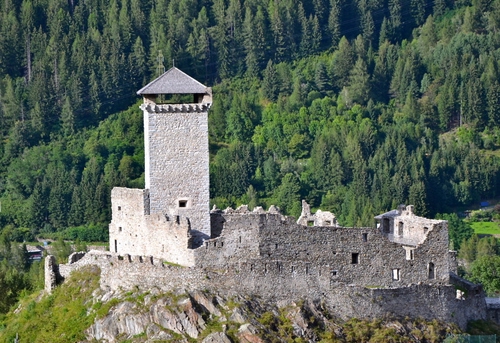 Immagine con castello, alberi, torre, verde, mura, rudere, bosco, montagna, finestre, montagne, tetto, roccia, rovine