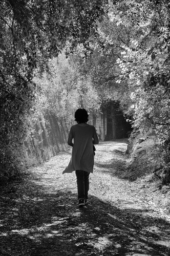 Immagine con donna, alberi, sentiero, bianconero, strada, foglie, bosco, piante, persona