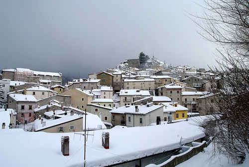 Immagine con neve, case, tetti, inverno, borgo, comignoli, paese, albero