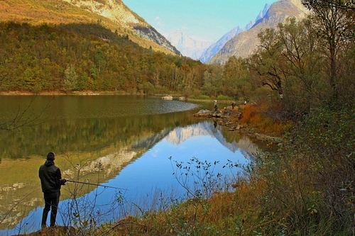 Immagine con lago, riflesso, acqua, pescatore, montagne, alberi, montagna, canna, pescare, bosco