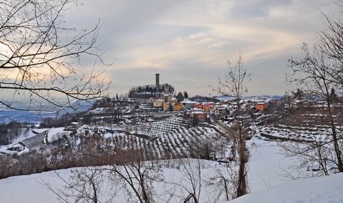 Immagine con neve, inverno, alberi, borgo, paesaggio, panorama, rami, paese, cielo, città, torre, bianco