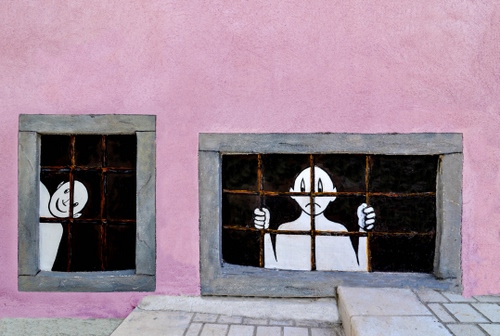 Immagine con rosa, finestre, murales, grate, inferriate, prigione, sbarre, due, muro