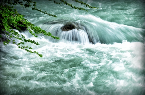 Immagine con acqua, fiume, cascata, verde, sasso, torrente, foglie, masso, bianco