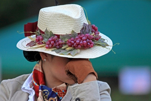 Immagine con cappello, donna, uva, guanto, frutta, guanti, mano, bianco, foulard