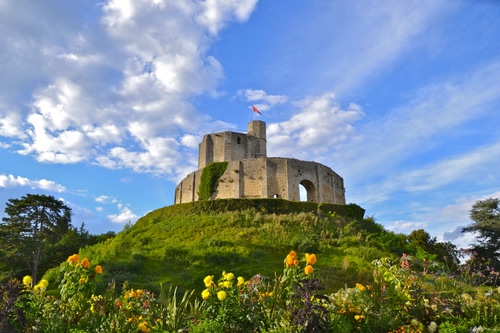 Immagine con fiori, castello, cielo, verde, bandiera, nuvole, rudere, collina, erba, prato, torre