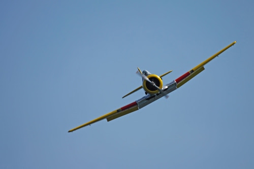 Immagine con cielo, ali, aereo, elica, giallo, azzurro, volo, volare, rosso