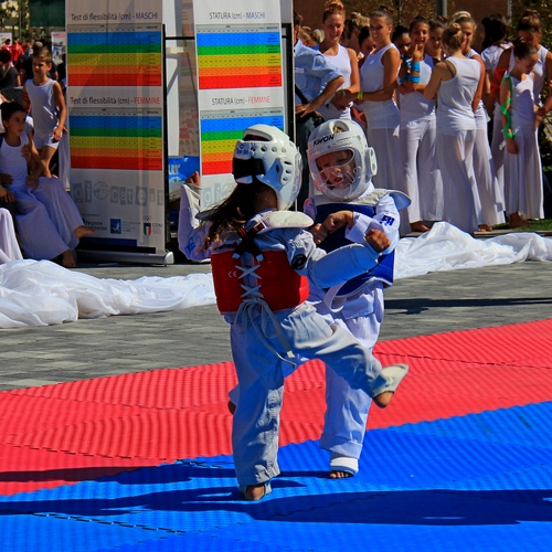 Immagine con bambini, rosso, caschi, sport, persone, tappeto, atleti, blu, bianco, lotta, protezioni, gara, azzurro, tappeti, spettatori, gioco