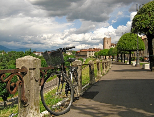 Immagine con bicicletta, alberi, nuvole, strada, torre, ringhiera, cielo, cestino