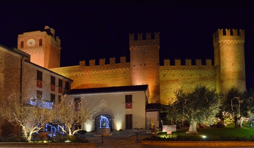 Immagine con castello, alberi, luci, notturno, torri, merli, notte, piante