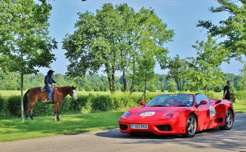 Immagine con cavallo, ferrari, alberi, verde, rosso, rossa, automobile, auto, cavaliere