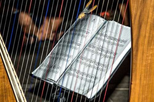 Immagine con arpa, corde, musica, note, spartito, legno, molletta, libro, pentagramma