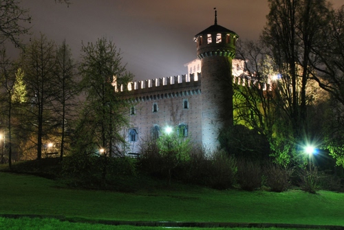 Immagine con castello, alberi, luci, notte, merli, torre, prato, verde, notturno, erba, finestre, torri