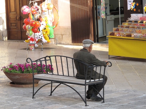 Immagine con panchina, anziano, vaso, fiori, negozio, palloni, palloncini