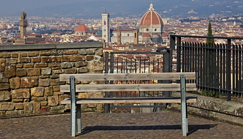 Immagine con panchina, firenze, panorama, cupola, campanile, cupole, città