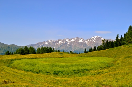 Immagine con prato, verde, montagna, montagne, erba, alberi, cielo, panorama