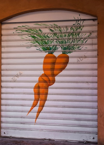 Immagine con carote, serranda, due, arancione, dipinto, murales, saracinesca, arancio