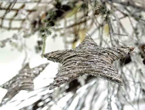 Immagine con natale, stella, stelle, argento, decorazioni, albero, rami, pigne