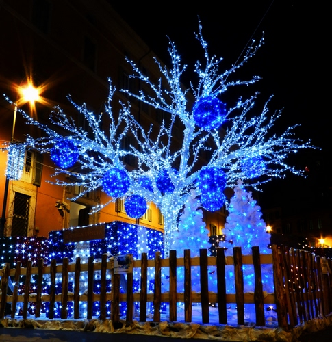 Immagine con albero, luci, natale, blu, staccionata, azzurro, steccato