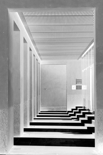 Immagine con ombre, bianconero, porta, righe, prospettiva, pilastri, ombra, colonne, luce, scalini, corridoio, nero, geometrie, linee, portico, architettura