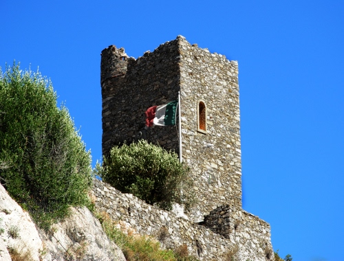 Immagine con torre, bandiera, cielo, finestra, cespugli, pietre, rocca, pietra, albero, roccia, piante, alberi, tricolore