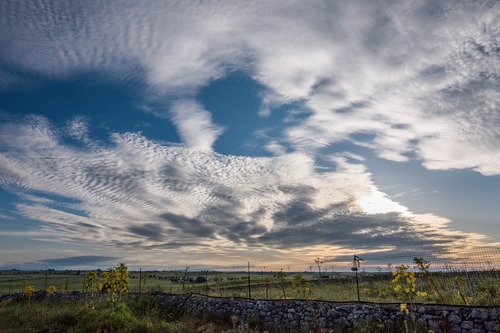 Immagine con nuvole, cielo, campagna, paesaggio, panorama, muretto, campi, verde, tramonto, muro