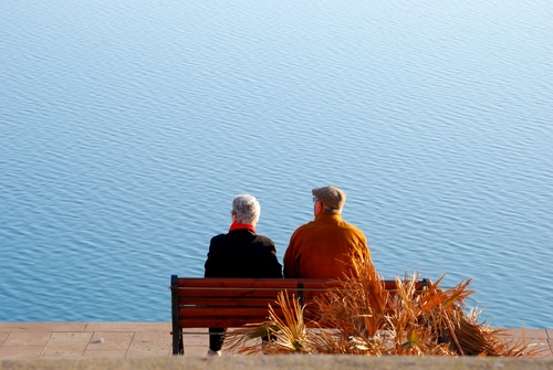 Immagine con panchina, mare, acqua, anziani, coppia, due, piante, azzurro, donna, uomo, persone, cappello, vecchi