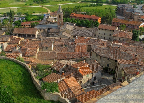 Immagine con tetti, campanile, borgo, case, paese, alberi, verde, panorama, tegole, muro, prati, comignoli, strade, finestre, erba, mura, prato