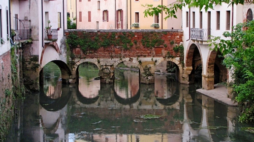 Immagine con ponte, archi, riflessi, acqua, fiume, finestre, verde, balconi, case, riflesso, piante, mattoni, colonne, rami