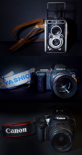 Immagine con tre, obiettivi, nero, macchine, marche, fotografia, fotocamere, cinghie, tracolla, macchina, camera, scritte, reflex, lenti