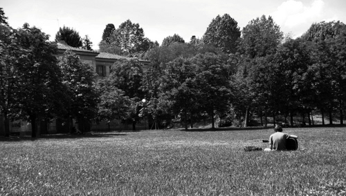 Immagine con alberi, prato, casa, chitarra, bianconero, erba, musicista, nero, uomo, bianco, parco, seduto, cielo, finestre