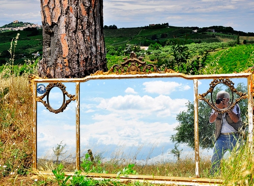 Immagine con specchio, fotografo, albero, nuvole, tronco, riflesso, campagna, verde, autoritratto, cielo, cornice