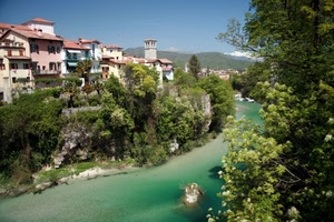 fiume, alberi, verde, acqua, campanile, torre, case, paese, panorama, paesaggio