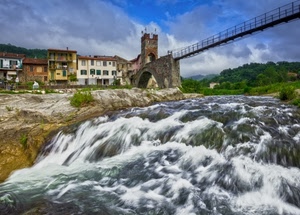 ponte, acqua, case, fiume, torrente, torre, nuvole, cascata