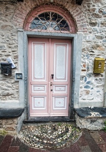porta, rosa, arco, pietre, sassi, pietra, cassetta, posta, muro, cassette