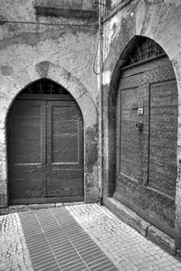 bianconero, portoni, batacchio, archi, porte, porta, borchie, angolo, legno, portone, due