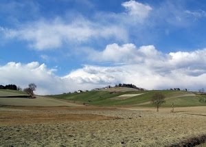 nuvole, cielo, colline, alberi, terra, campi, verde, campagna, azzurro, bianco, marrone, paesaggio, agricoltura, case, natura, collina, campo, panorama, coltivazioni