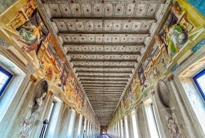 soffitto, affreschi, prospettiva, cassettoni, finestre, corridoio, arte, dipinti, decorazioni, architettura, galleria, statue, legno