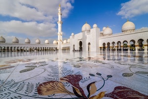 cupole, archi, cielo, bianco, piazza, nuvole, moschea, minareto, disegni, torre, colonne, pavimento, portici, obelisco, mosaico, architettura, decorazioni, azzurro, riflesso