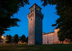 torre, alberi, castello, prato, cielo, merli, finestre