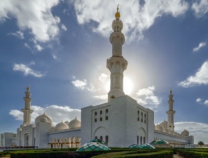 nuvole, cupole, cielo, minareti, bianco, moschea, finestre, archi, azzurro, minareto, edificio, guglie, torri, sole, controluce