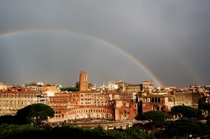 arcobaleno, alberi, torre, panorama, cielo, città, palazzi, roma, nuvole, case, verde